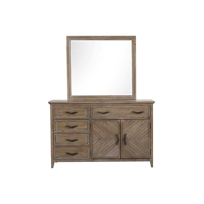 Pemberly Row Tybee Pine Wood 5-Drawer Dresser with Mirror in Sand Finish