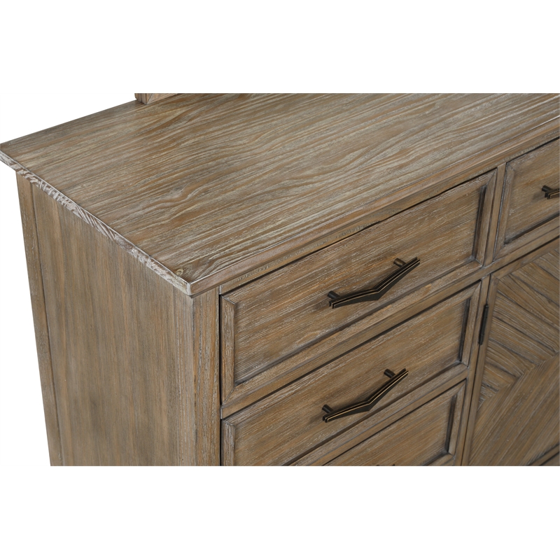 Pemberly Row Tybee Pine Wood 5-Drawer Dresser with Mirror in Sand Finish