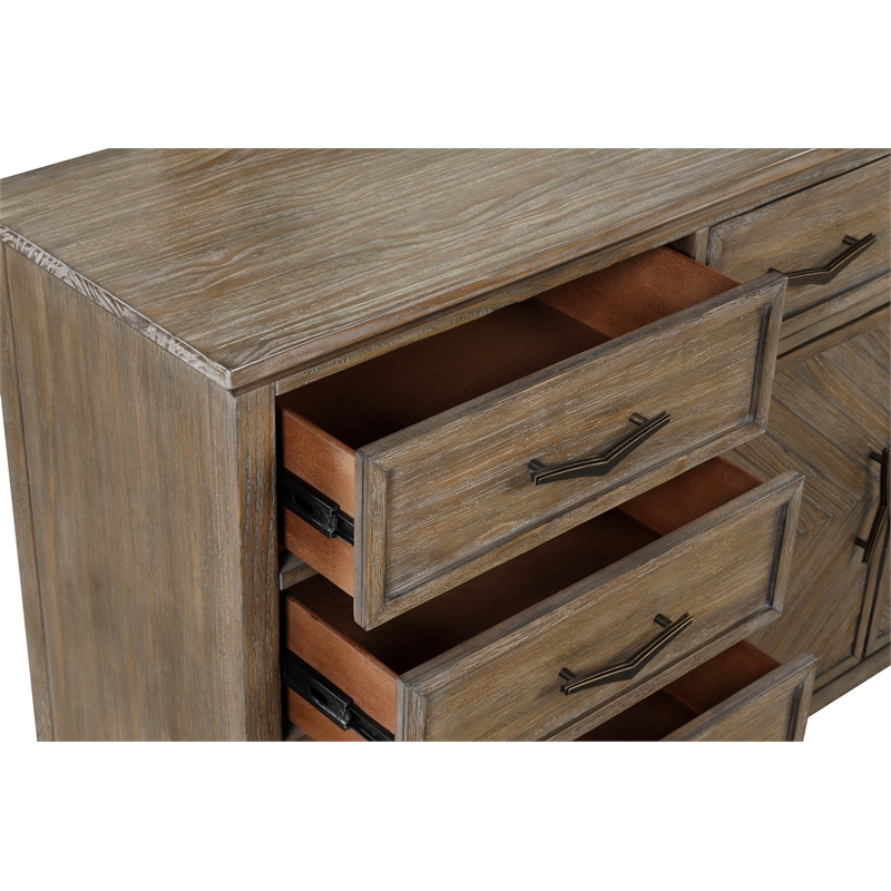 Pemberly Row Tybee Pine Wood 5-Drawer Dresser with Mirror in Sand Finish