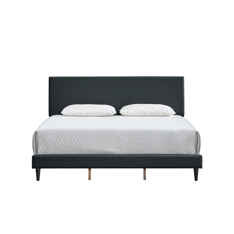 Pemberly Row King Platform Bed in Faux Leather Black with Adjustable Headboard