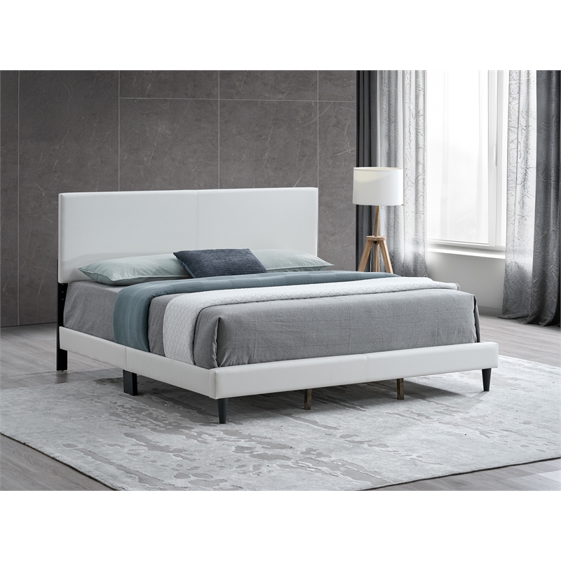 Pemberly Row King Platform Bed in Faux Leather White with Adjustable Headboard