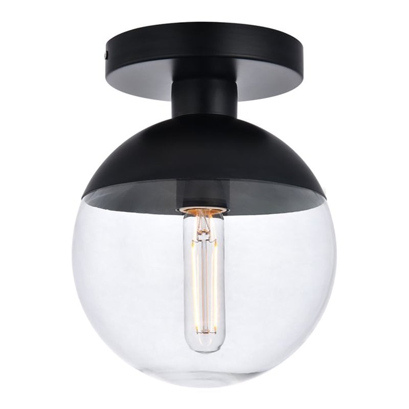 Pemberly Row Eclipse 1-Light Metal and Glass Flush Mount in Black Clear
