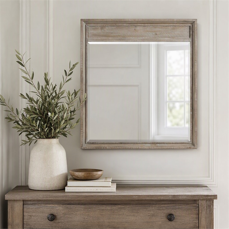 Pemberly Row Hazelwood Brown Pine Mirror with Beveled Frame