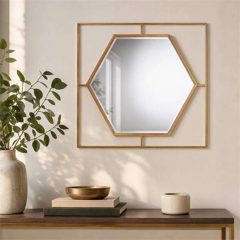 Pemberly Row Gates Antique Gold Metal Accent Wall Mirror with Hexagonal Center