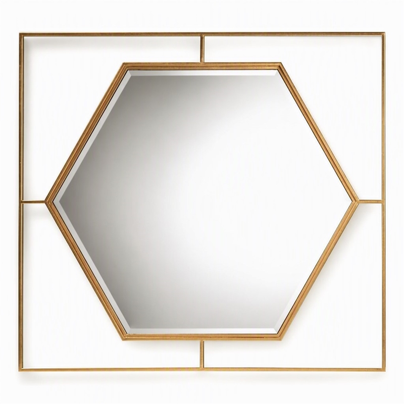 Pemberly Row Gates Antique Gold Metal Accent Wall Mirror with Hexagonal Center