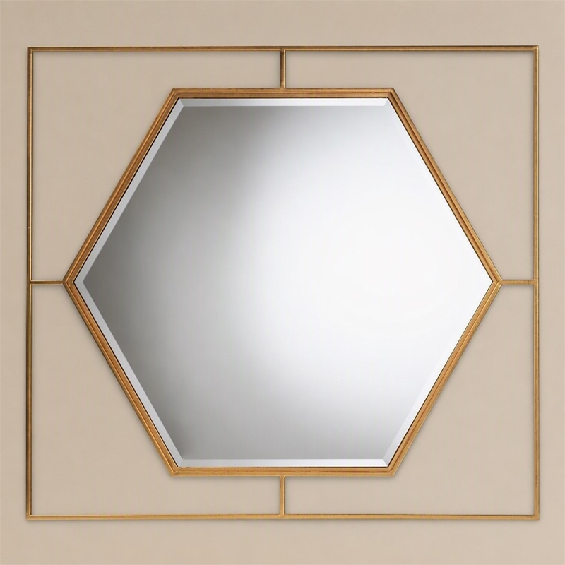 Pemberly Row Gates Antique Gold Metal Accent Wall Mirror with Hexagonal Center
