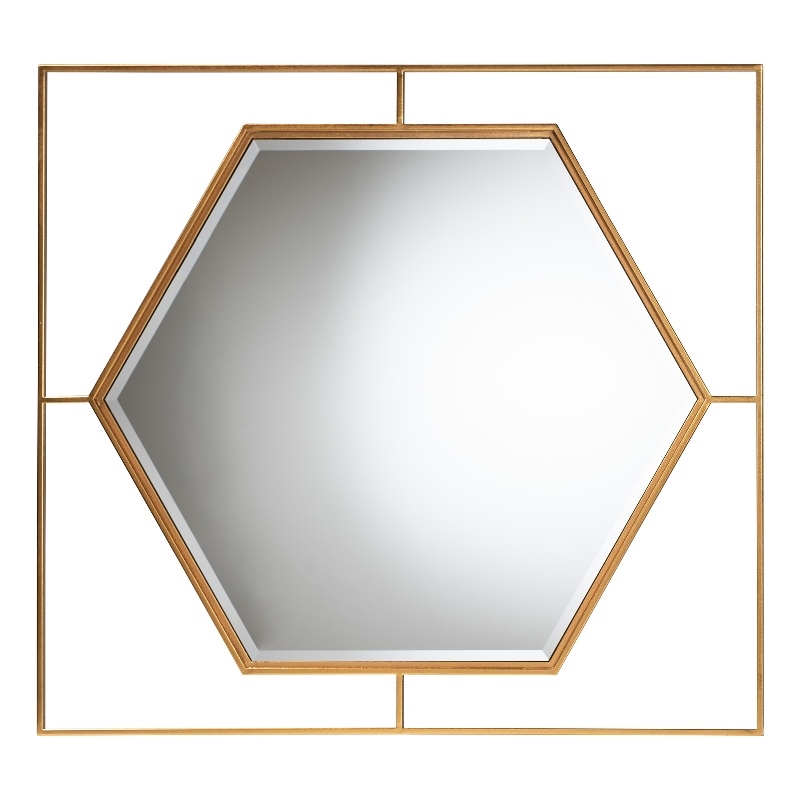 Pemberly Row Gates Antique Gold Metal Accent Wall Mirror with Hexagonal Center