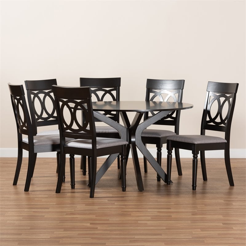Pemberly Row Grey Fabric 7-Piece Dining Set with Dark Brown Wood Finish