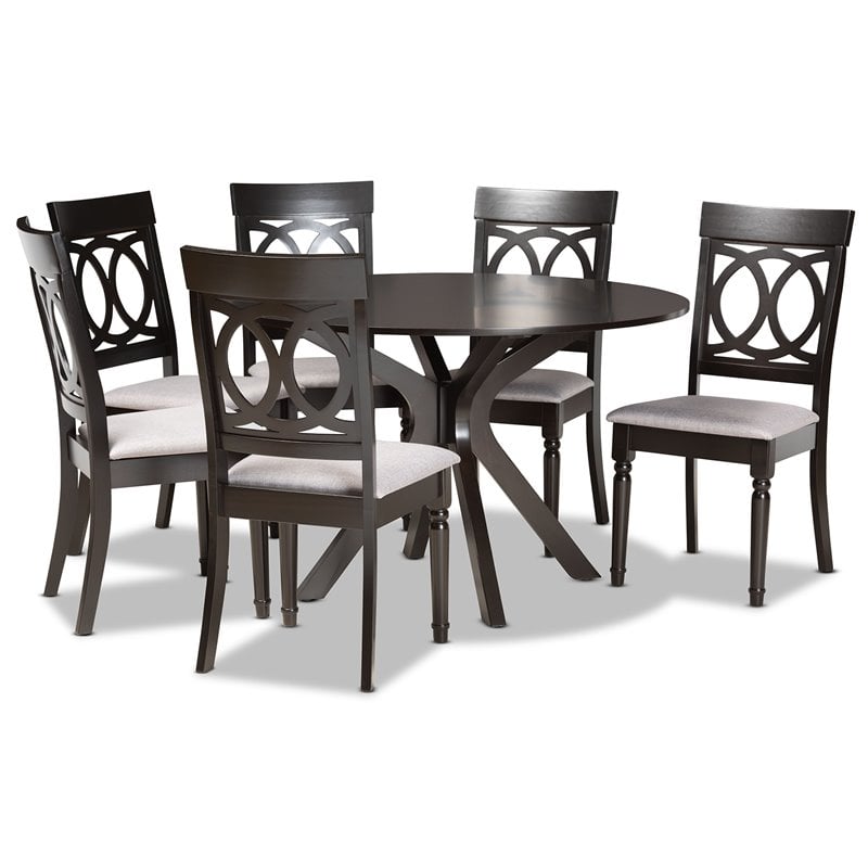 Pemberly Row Grey Fabric 7-Piece Dining Set with Dark Brown Wood Finish