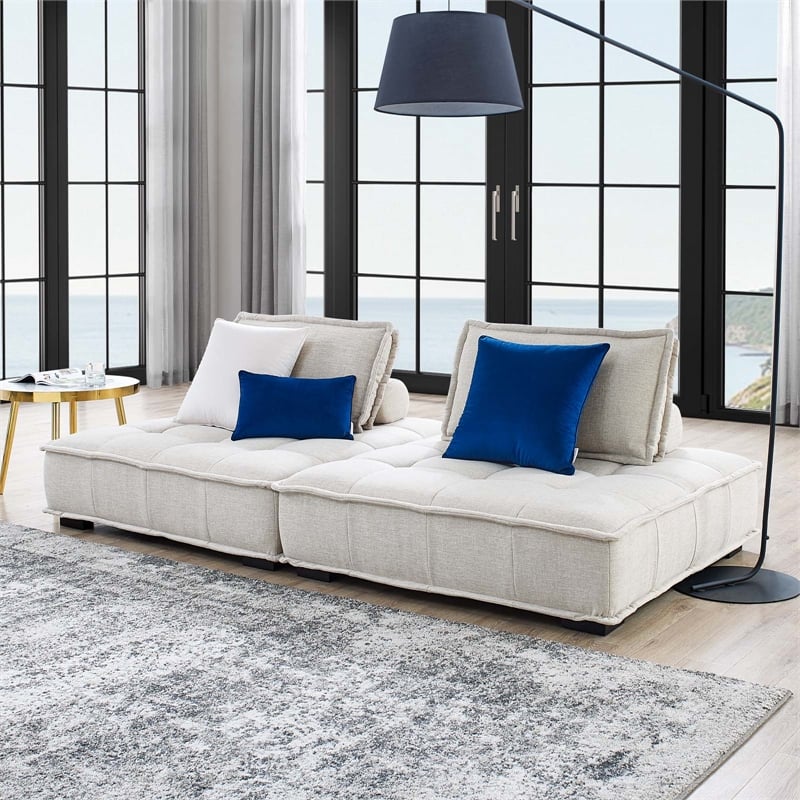 Pemberly Row 2-Piece Tufted Fabric Loveseat in Beige Upholstery