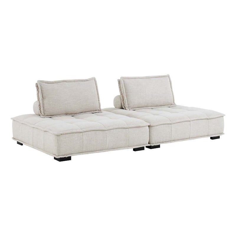 Pemberly Row 2-Piece Tufted Fabric Loveseat in Beige Upholstery