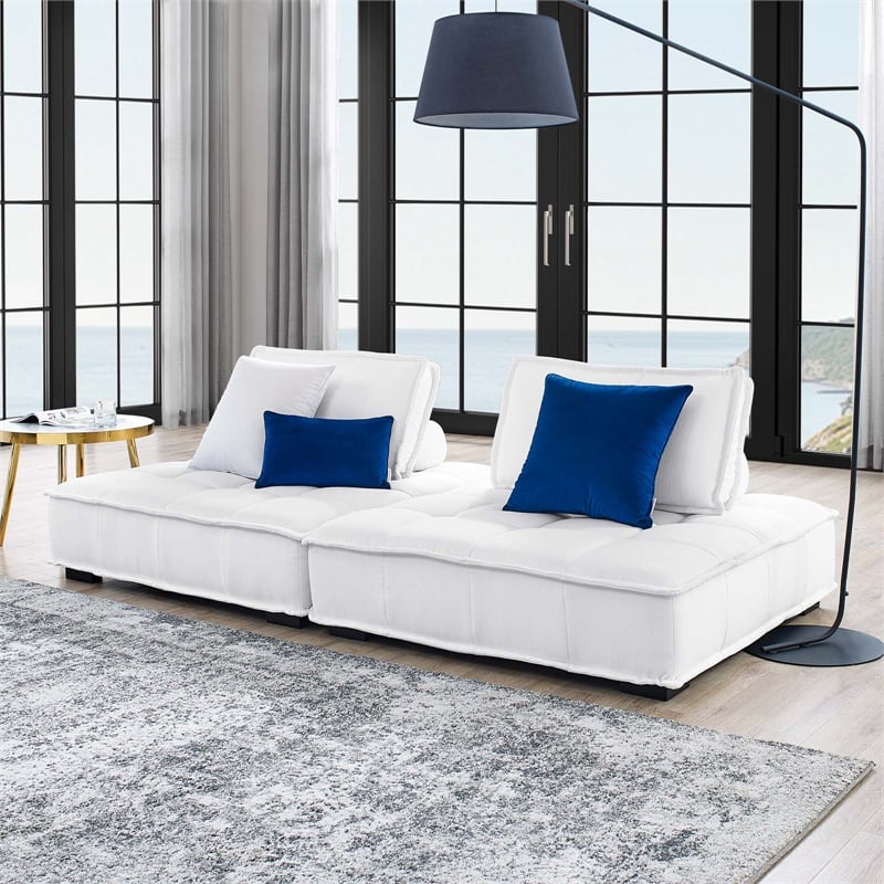 Pemberly Row 2-Piece Tufted Fabric Loveseat in White Upholstery