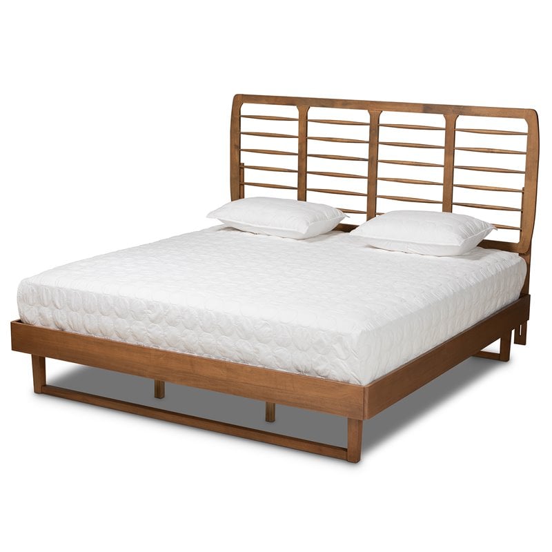 Pemberly Row King Platform Bed with Spindle Headboard in Walnut Brown Wood