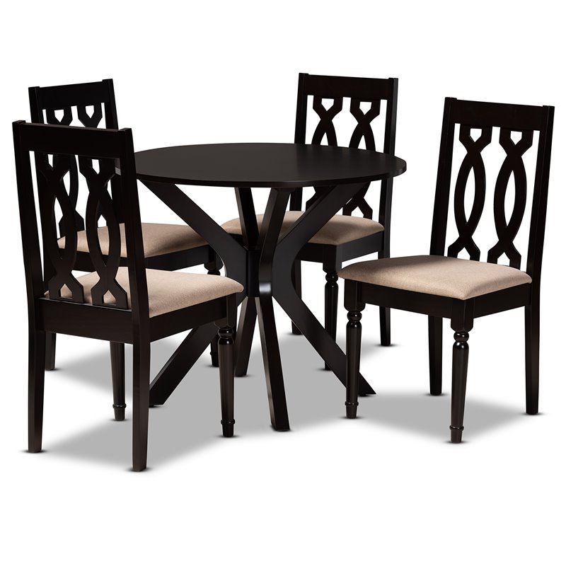 Pemberly Row Sand Fabric and Wood 5-Piece Dining Set in Dark Brown Finish