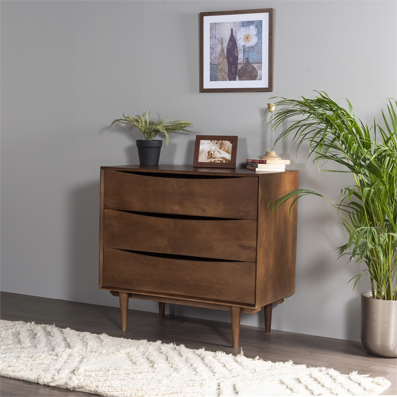 Pemberly Row Dillon Solid Wood 3-Drawer Bedroom Chest in Walnut Finish