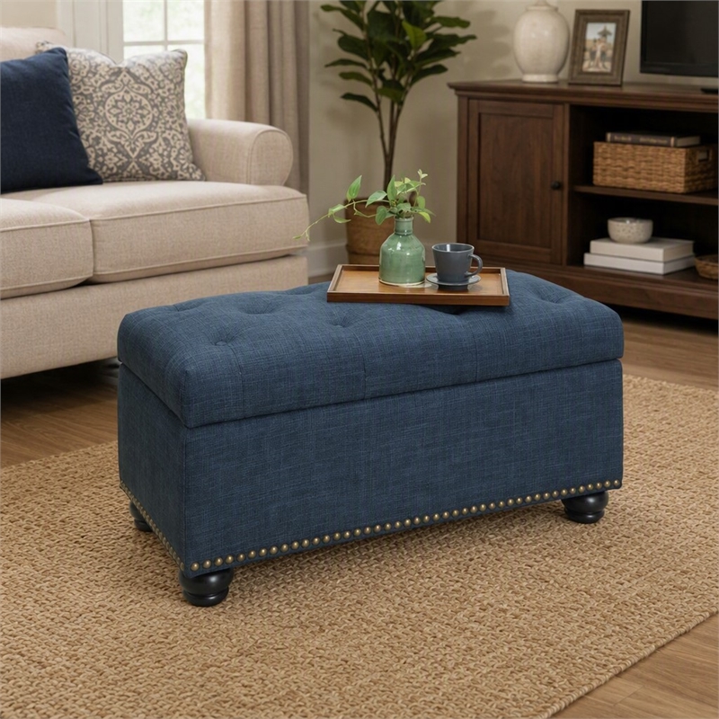 Pemberly Row Storage Ottoman with Nailhead Trim in Blue Fabric