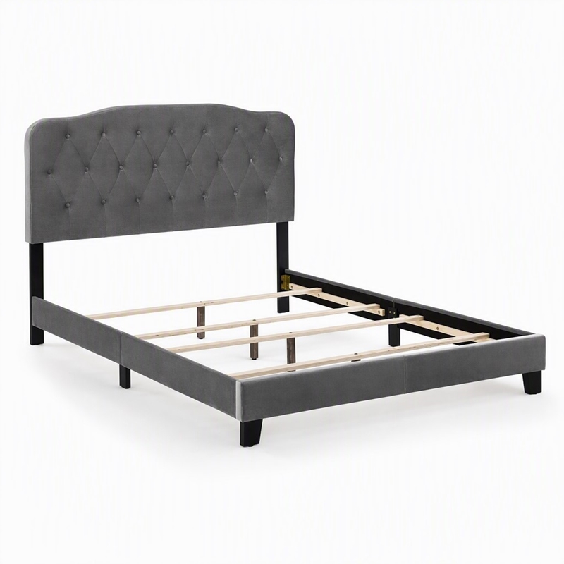 Pemberly Row King Bed with Velvet Upholstered Headboard in Gray