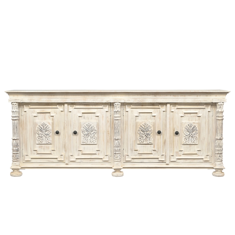 Pemberly Row 4-Door Solid Wood Sideboard in White with Carved Details