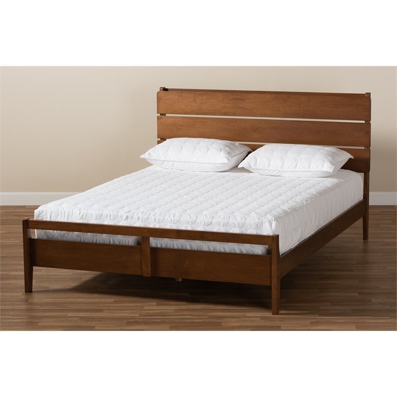 Pemberly Row Avena Queen Size Brown Wood Platform Bed Slatted Headboard