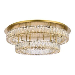 Pemberly Row 30&quot Metal and Crystal Double LED Flush Mount in Gold