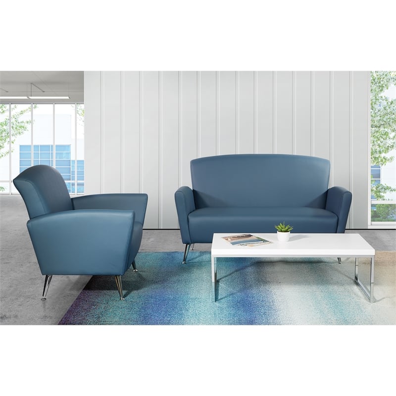 Pemberly Row Club Chair in Blue Bonded Leather with Chrome Legs