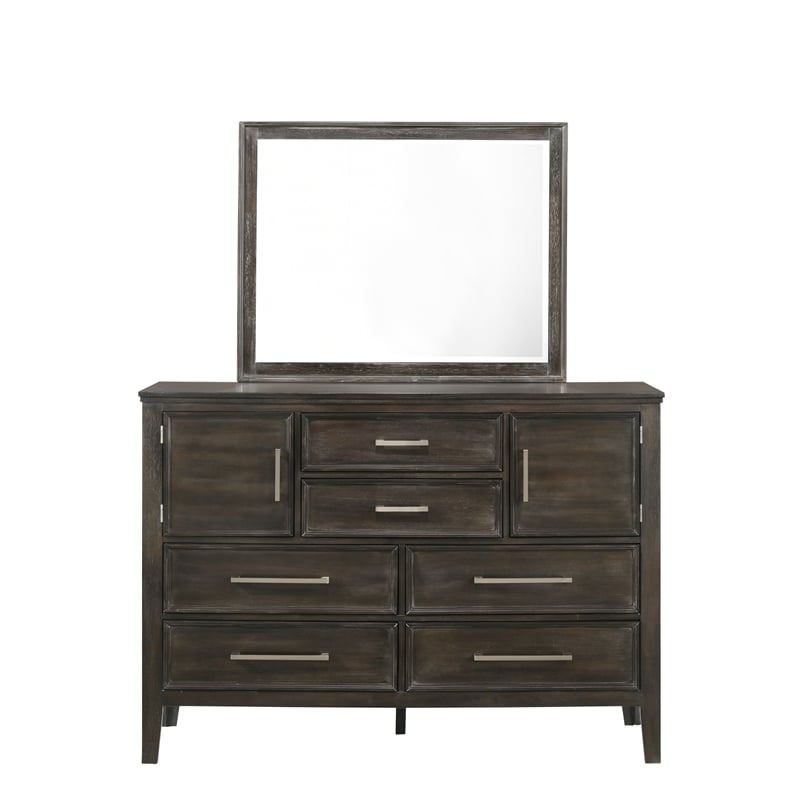 Pemberly Row Rubberwood 6-Drawer Dresser with Mirror in Nutmeg