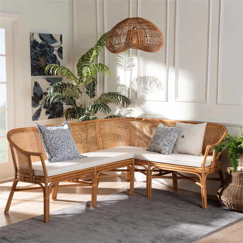 Pemberly Row Handwoven Rattan L-Shaped Dining Bench Set