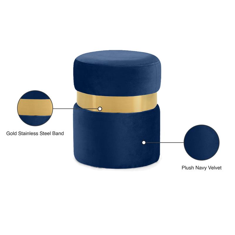 Pemberly Row Velvet Ottoman/Stool in Navy with Gold Stainless Steel Band