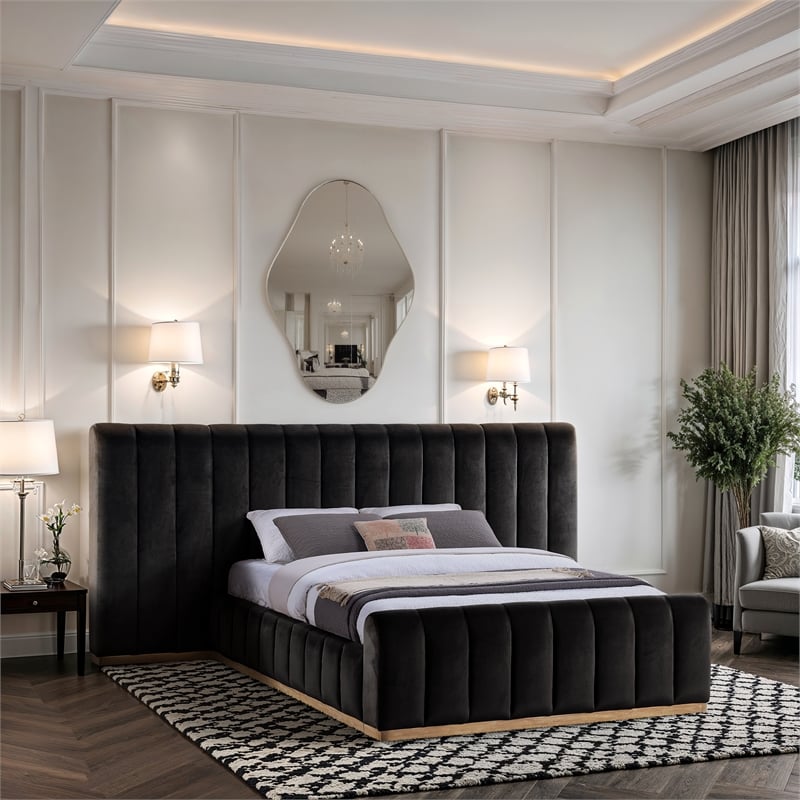 Pemberly Row Velvet Upholstered Queen Bed in Black with Wood Base
