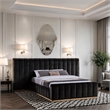 Pemberly Row Velvet Upholstered Queen Bed in Black with Wood Base