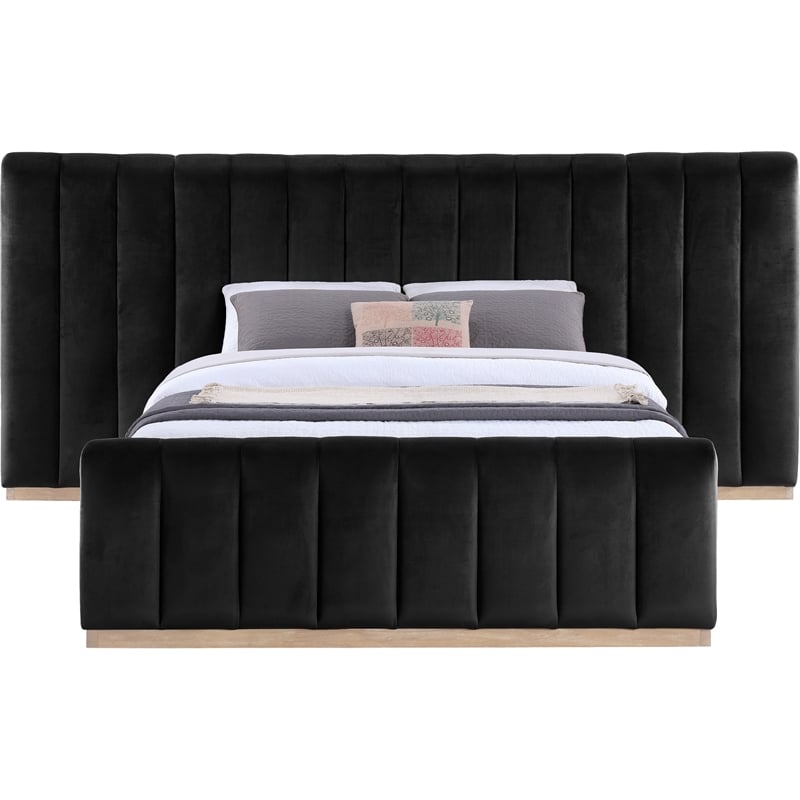 Pemberly Row Velvet Upholstered Queen Bed in Black with Wood Base