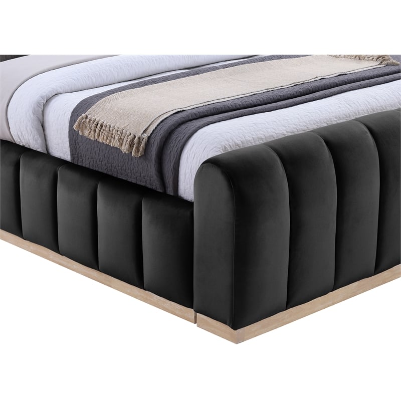 Pemberly Row Velvet Upholstered Queen Bed in Black with Wood Base