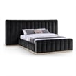 Pemberly Row Velvet Upholstered Queen Bed in Black with Wood Base