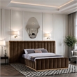 Pemberly Row Velvet Upholstered Queen Bed in Brown with Wood Base