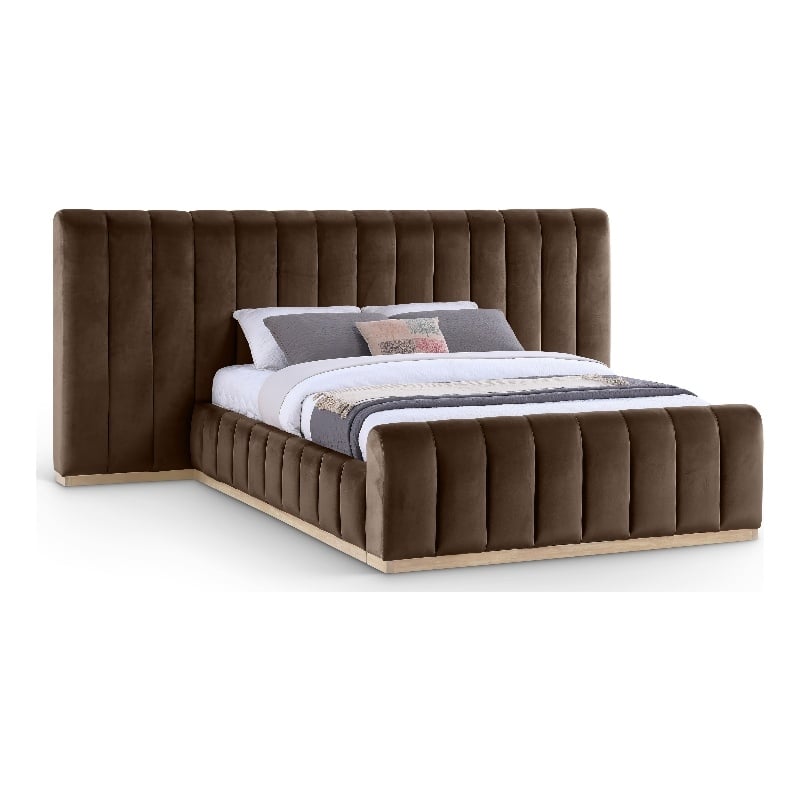 Pemberly Row Velvet Upholstered Queen Bed in Brown with Wood Base