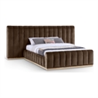 Pemberly Row Velvet Upholstered Queen Bed in Brown with Wood Base