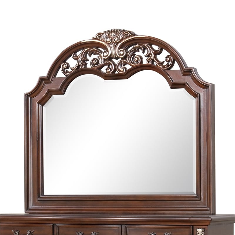 Pemberly Row Wood Framed Mirror in Cherry Finish with Gold Accents
