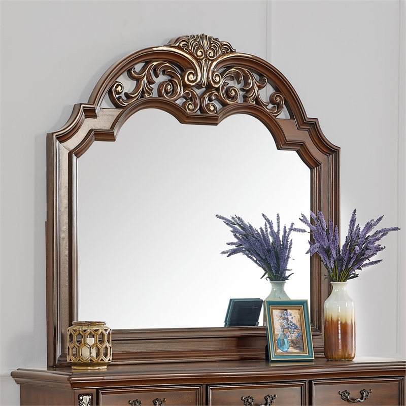 Pemberly Row Wood Framed Mirror in Cherry Finish with Gold Accents