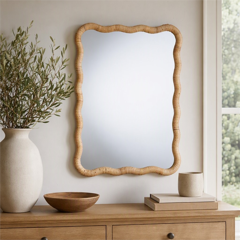 Pemberly Row Rasida Scalloped Rattan Wall Mirror with Wood Frame