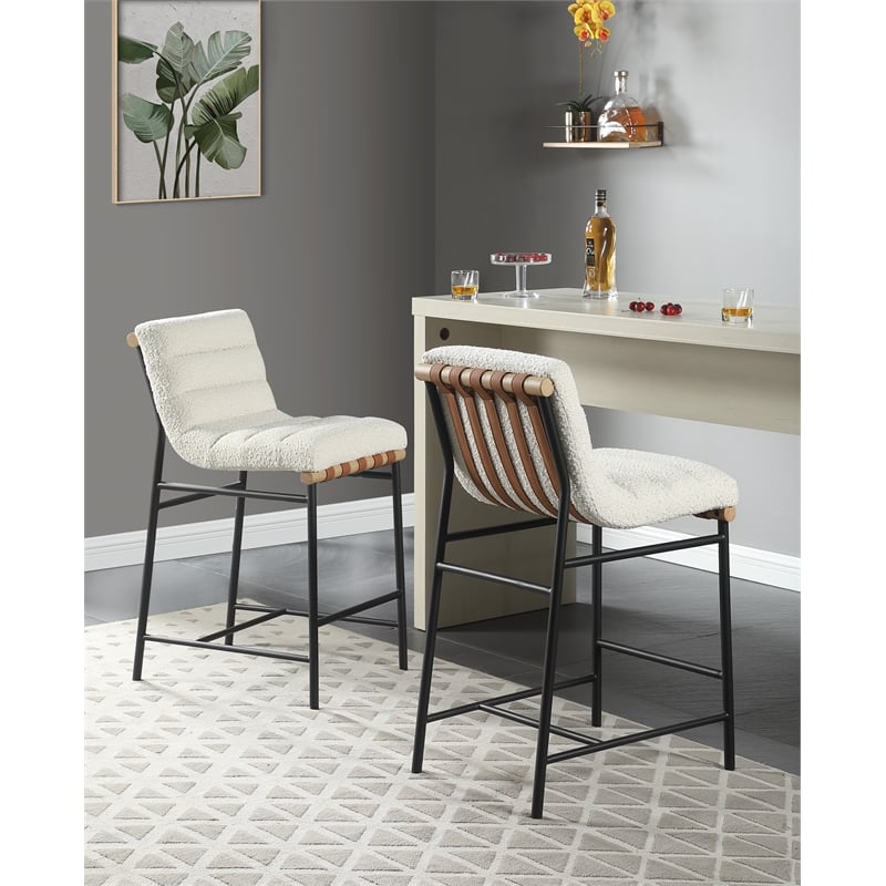 Pemberly Row Set of 2 26-in Counter Stools in White Boucle with Iron Legs