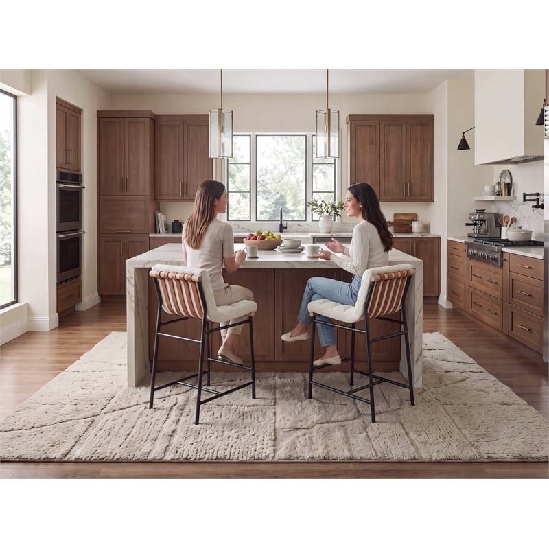 Pemberly Row Set of 2 26-in Counter Stools in White Boucle with Iron Legs