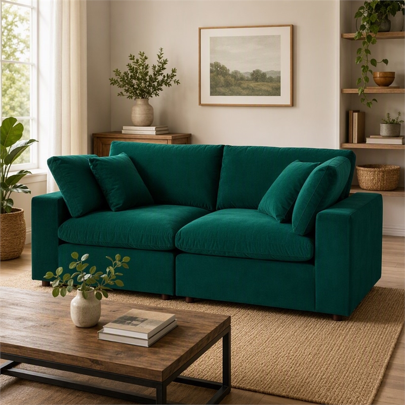 Pemberly Row Velvet Loveseat with Down-Filled Cushions in Green