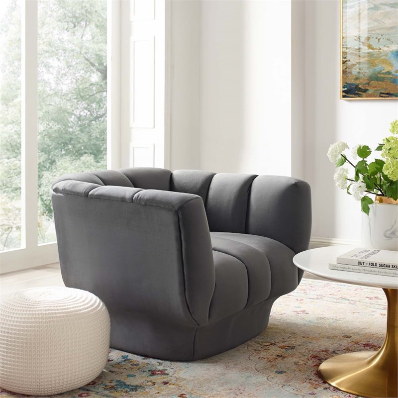 Pemberly Row Velvet Polyester Armchair in Gray with Tufted Channels
