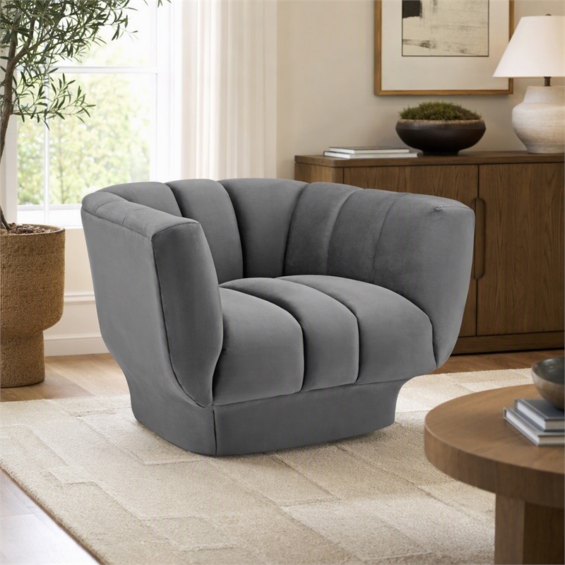Pemberly Row Velvet Polyester Armchair in Gray with Tufted Channels