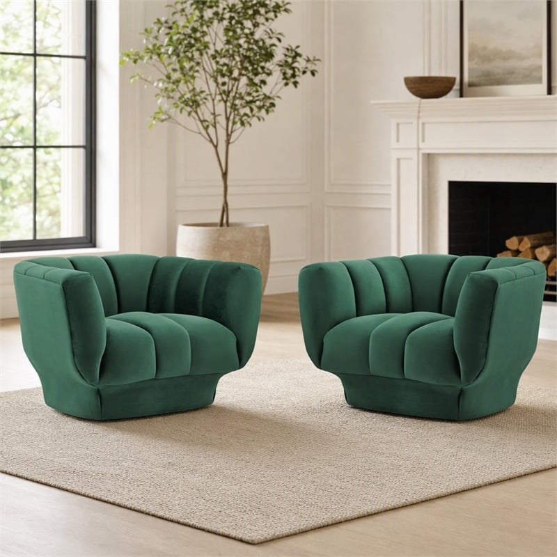 Pemberly Row Channel Tufted Velvet Armchairs in Green (Set of 2)