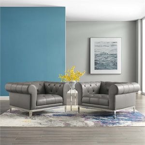 Pemberly Row Tufted Leather Armchairs in Gray with Steel Frame (Set of 2)