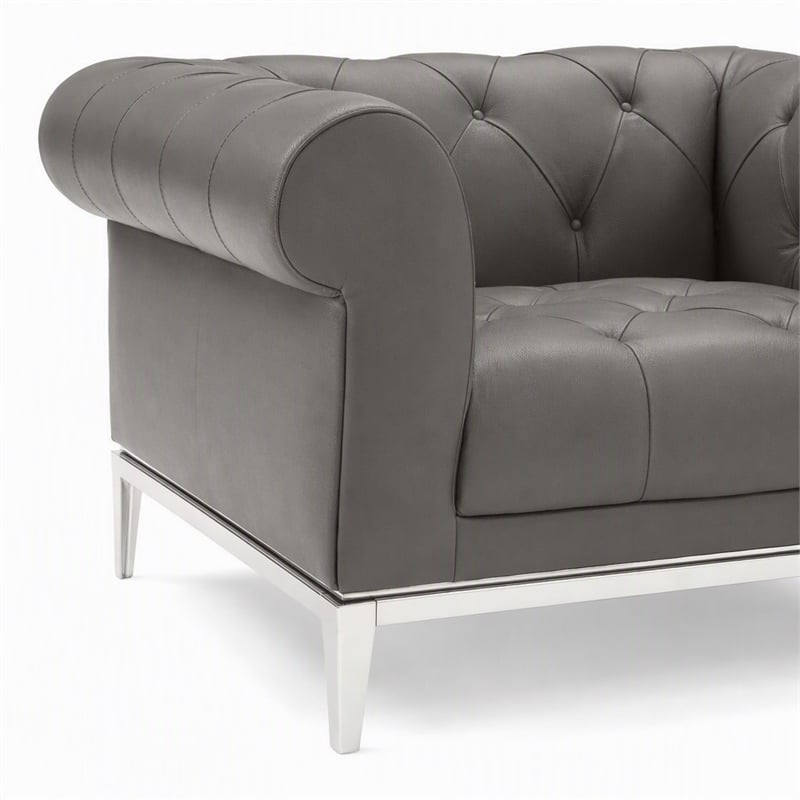 Pemberly Row Tufted Leather Armchairs in Gray with Steel Frame (Set of 2)