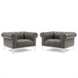 Pemberly Row Tufted Leather Armchairs in Gray with Steel Frame (Set of 2)