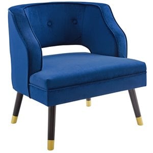 Pemberly Row Button Tufted Velvet Armchair with Wooden Legs in Navy