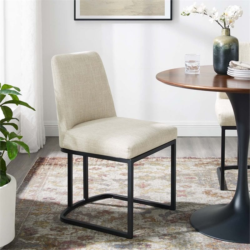 Pemberly Row Sled Base Dining Side Chair in Black and Beige Fabric